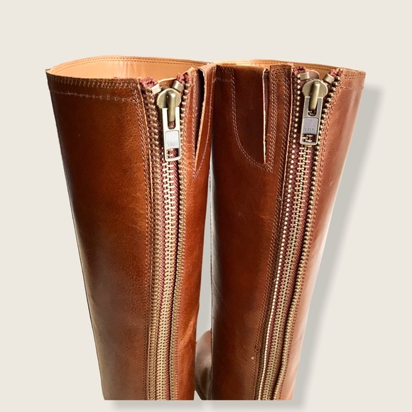 $399 Frye Jolie Back Zip Cognac Knee High Zip Up Round Toe Real Leather Boots - Picture 10 of 16